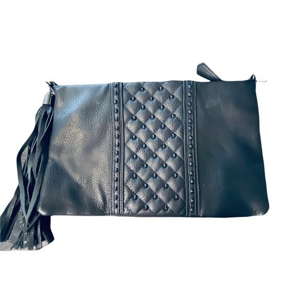 Charming Charlie Black Quilted Studded Faux Leather Clutch Bag With Fringe Tasse - Picture 1 of 6